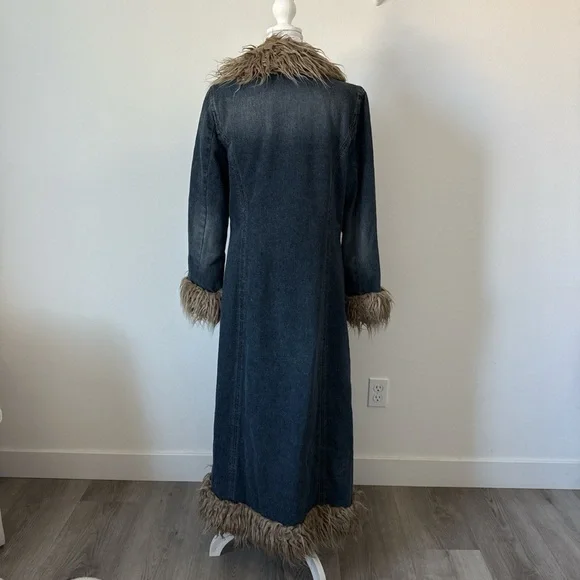 Vintage y2k 90s  Denim maxi “penny lane” coat with faux fur trim - Picture 2 of 8